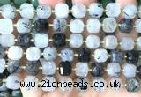 CCU1458 15 inches 8mm - 9mm faceted cube black rutilated quartz beads