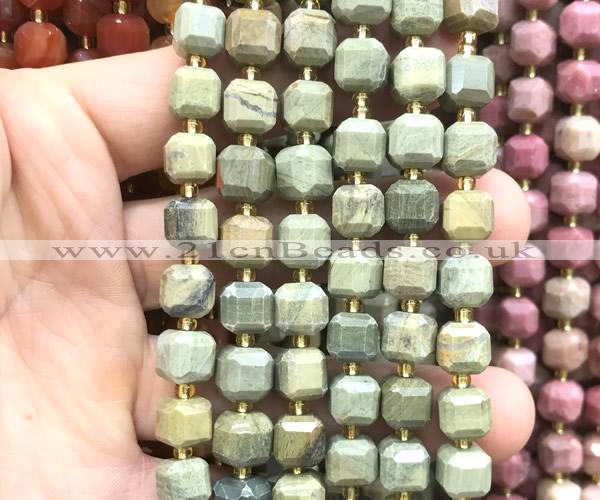 CCU1481 15 inches 8mm - 9mm faceted cube silver leaf jasper beads