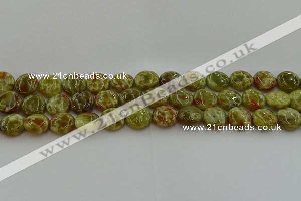 CNS624 15.5 inches 15mm flat round green dragon serpentine jasper beads