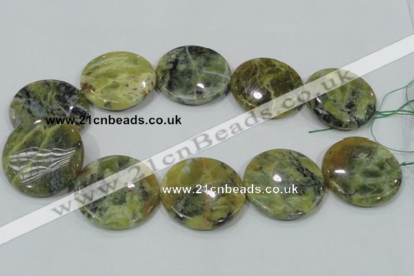 COP560 15.5 inches 40mm flat round natural yellow & green opal beads