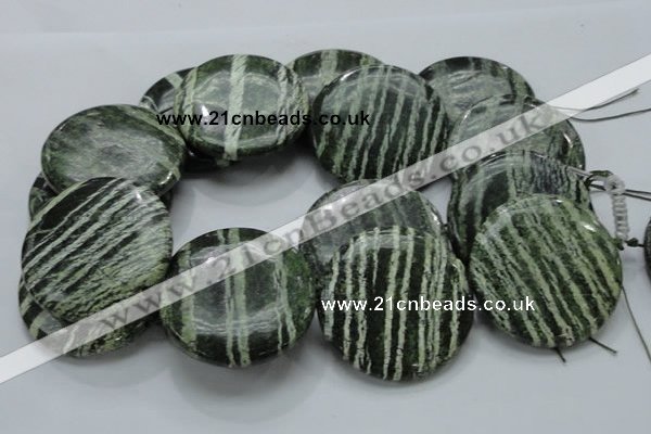 CSJ49 15.5 inches 50mm flat round green silver line jasper beads