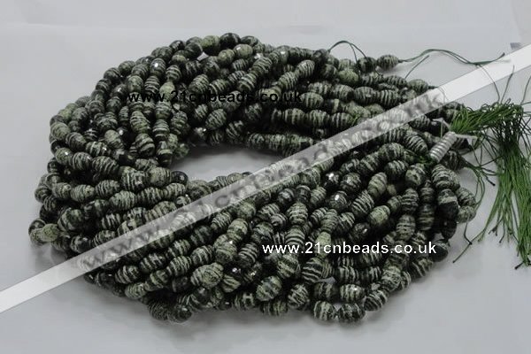 CSJ70 15.5 inches 7*11mm faceted rice green silver line jasper beads