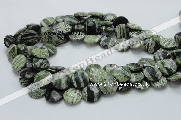 CSJ82 15.5 inches 18mm faceted flat round green silver line jasper beads