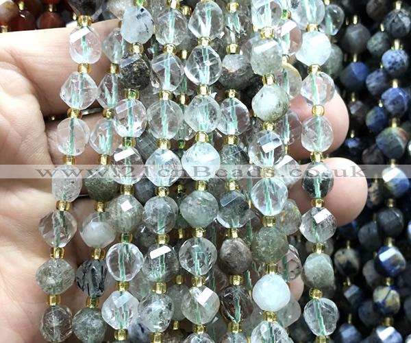 CTW559 8mm faceted & twisted S-shaped green phantom quartz beads