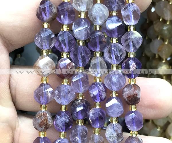 CTW560 8mm faceted & twisted S-shaped purple phantom quartz beads