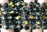 CTW568 8mm faceted & twisted S-shaped yellow & blue tiger eye beads