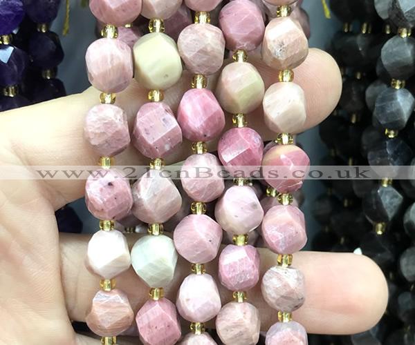 CTW670 10mm faceted & twisted S-shaped pink wooden jasper beads