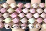 CTW670 10mm faceted & twisted S-shaped pink wooden jasper beads