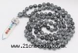 GMN1536 Hand-knotted 8mm, 10mm snowflake obsidian 108 beads mala necklace with pendant