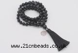 GMN1758 Knotted 8mm, 10mm black banded agate 108 beads mala necklace with tassel & charm