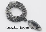 GMN4079 Hand-knotted 8mm, 10mm black water jasper 108 beads mala necklace with pendant