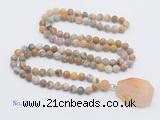 GMN4411 Hand-knotted 8mm, 10mm matte yellow crazy agate 108 beads mala necklace with pendant