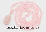 GMN4809 Hand-knotted 8mm, 10mm rose quartz 108 beads mala necklace with pendant