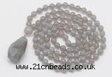 GMN4825 Hand-knotted 8mm, 10mm grey agate 108 beads mala necklace with pendant