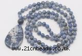 GMN5095 Hand-knotted 8mm, 10mm blue spot stone 108 beads mala necklace with pendant